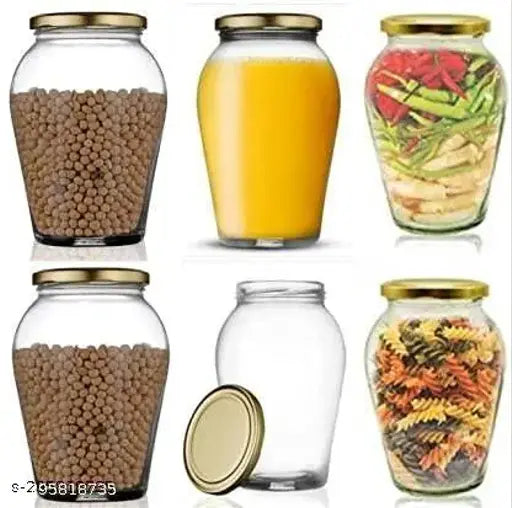Transparent glass pickle jars with rust-proof gold caps, airtight & spacious for jams, honey, ghee, oils, spices, masala, and achar - set of 6 for preserving Indian condiments