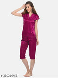 Soft satin women's capri night suit set, comfortable fashion in solid satin fabric