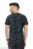 Grey polyester military camouflage men's t-shirt, loose fit and short sleeves, printed pattern for casual and outdoor wear