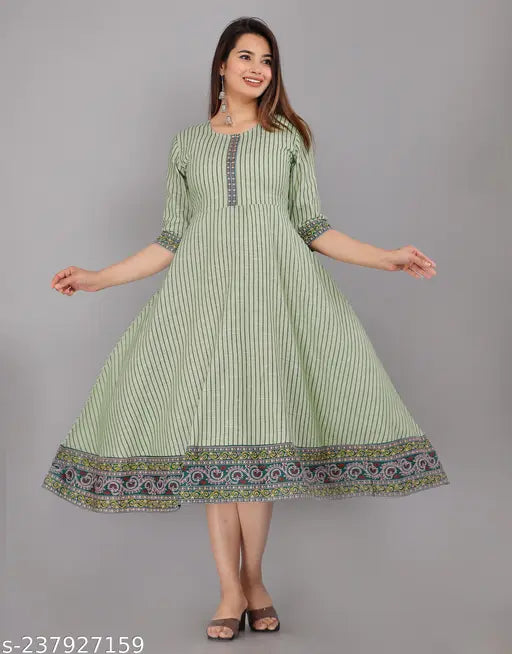 Striped three-quarter sleeve chikankari Anarkali kurti, cotton, India