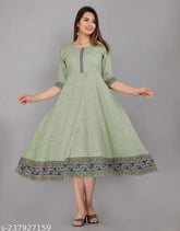 Striped chinkenkari cotton Anarkali kurti with three-quarter sleeves, Indian traditional women's wear in S, M, L, XL sizes