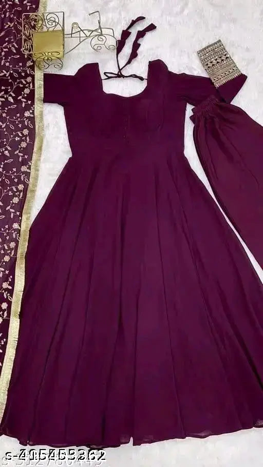 Purple embroidered Georgette flared kurta (pack of 3), long sleeves, solid pattern. Indian women's party wear or wedding dress made in India