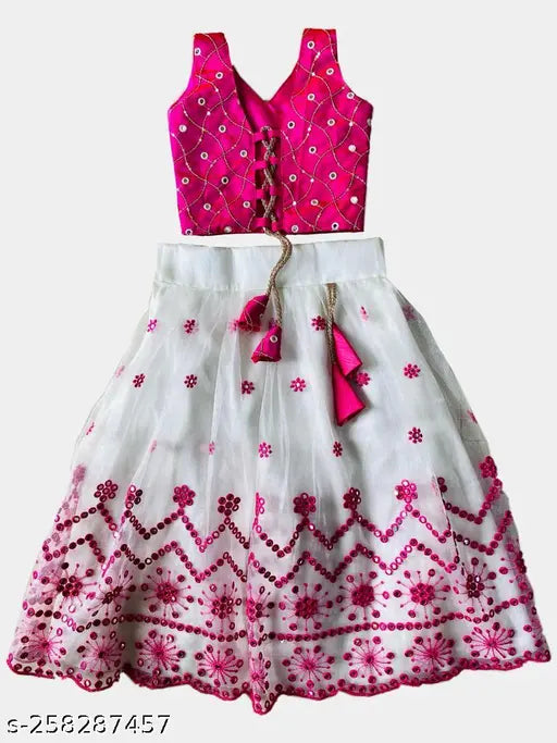 Taffeta silk lehenga and net dupatta for kids, self-designed embroidered stitch, sleeveless, Indian traditional outfit for ages 6-8 years