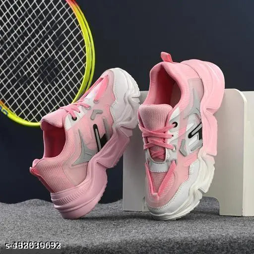 White Mento Wogdan sneakers, women's & girls' EVA and canvas shoes with lace-up fastening, pink and white colorblocked pattern. Comfortable for casual wear, made in India