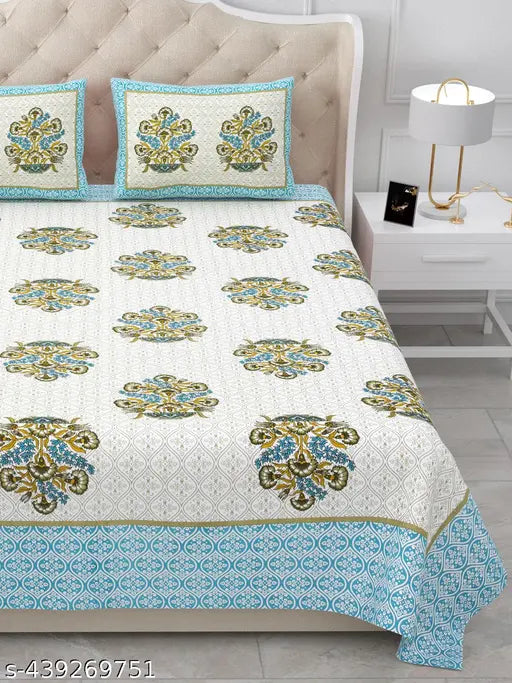 Pure cotton double hand block print king bedsheet set with 2 pillow covers, 17x27, botanical design, ideal for mild winter, adult use