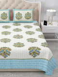Pure cotton double hand block print king bedsheet set with 2 pillow covers, 17x27, botanical design, ideal for mild winter, adult use