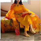 Women's Radhika Yellow Kurta set, cotton silk with three-quarter sleeves, printed, stitched net, single piece. Indian handcrafted traditional attire for a bold and stylish look