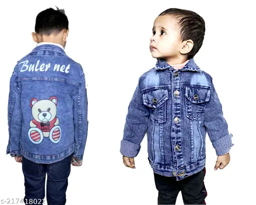 Blue denim children's jacket set with printed net pattern, 5-7 years, Indian origin