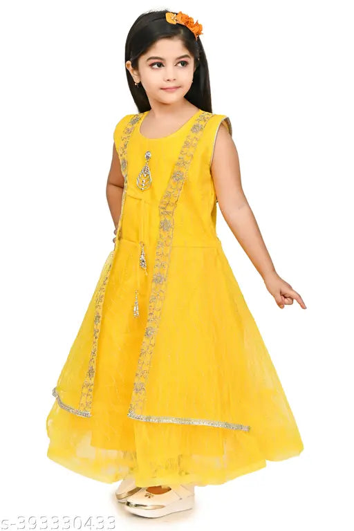 Embroidered net gown for dress, sleeveless and size-variant (2-3Y, 3-4Y, 4-5Y, 5-6Y, 6-7Y, 7-8Y, 8-9Y, 9-10Y, 10-11Y, 11-12Y, 12-13Y), handcrafted in India