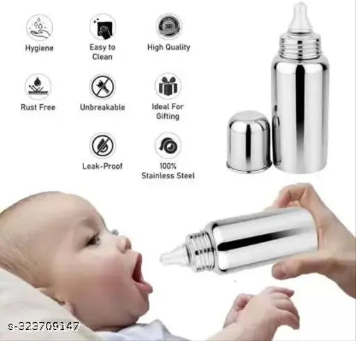 Stainless steel blue-covered baby feeding bottle, easy to hold design, high-grade silicon nipple, 250ml capacity