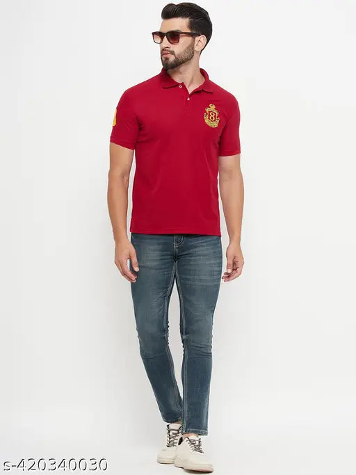 Indian-made men's cotton blend polo shirt, solid half sleeves with golf logo on chest