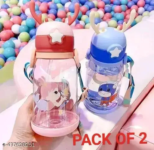 Blue tritan plastic kids sipper water bottle with cartoon design, 600ml capacity (pack of 2)