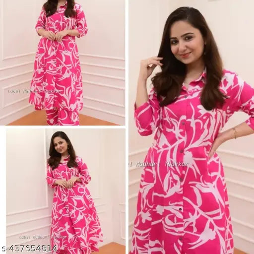 Printed rayon A-line Pi Wh 142 Kurta with Palazzos, three-quarter sleeves, Indian fashion on mannequin