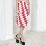 Red & White Striped Elastic Slim Fit High Waist A-Line Knee Length Party Wear Skirt - Cotton Blend for Women & Girls