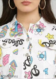 White printed cotton blend jacket for women & girls, long sleeves with vibrant pattern on display