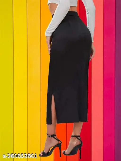Black polyester solid straight skirt for women, high-waist midi pencil style with elastic waist and shapewear/petticoat. Women's size 28 (28in/32in/36in), 30 (30in/32in/38in), 32 (32in/32in/40in), 34 (34in/32in/42in), 36 (36in/32in/44in). Made in India