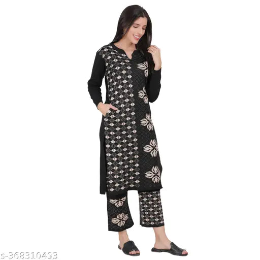 Premium woolen women's Kurti & Palazzo Set in rich hues. Single size set with long sleeves for everyday comfort. Made in India, easy wash