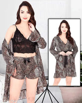Leopard print sleeveless crop top & shorts robe set, soft smooth imported fabric nightwear for women