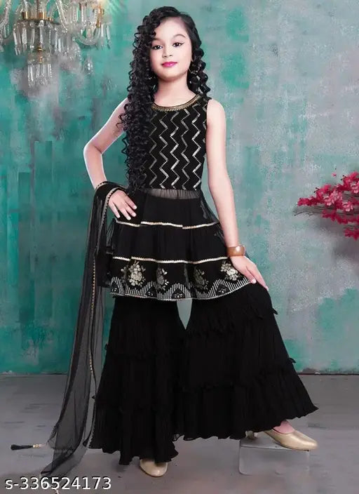 Black Georgette Anarkali Sharara Set with Embroidered Duppatta - Fashionable ethnic outfit for girls aged 3-13 years, ideal for special occasions and weddings
