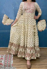 Cream Rayon printed kurti with three-quarter sleeves, Indian traditional wear for women, M to XXXL sizes available