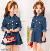 Denim three-quarter sleeve dress, solid pattern for 7-8 year olds. Fashionable children's clothing from India