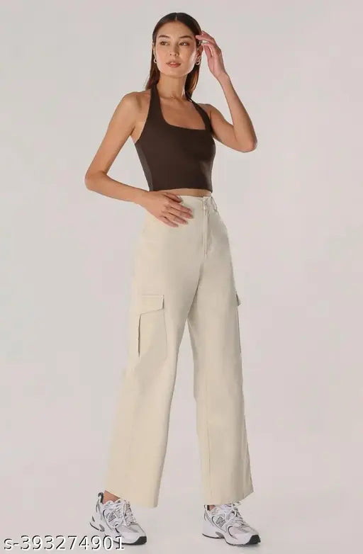 Cream cotton-linen cargo pants, four pocket l high rise with slanted inset pocket & flap, formal and casual wear