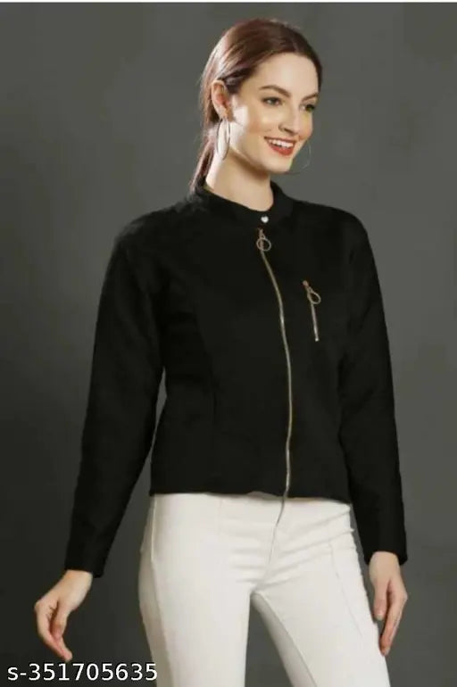 Black fleece full-sleeve jacket by Saloni Style, ideal for women's & girls' winter wear
