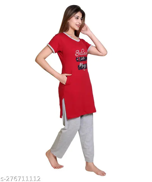 EMAX Summer Cotton Printed Round Nightwear Set - Women's polycotton half sleeve nightsuit, ideal for relaxation and sleep, India origin