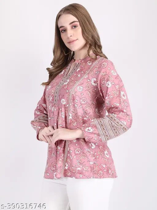 Rayon ethnic balloon sleeves top for women and girls, printed pattern on long sleeves in various sizes from S to XXXL, made in India