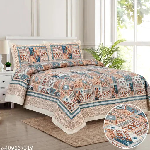 High-quality cotton Nakshatra theme double bed sheet, 108x108 with ethnic motifs and 2 pillow covers. India-made bed linen for adults