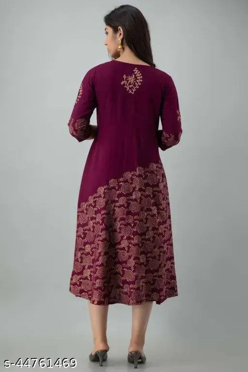 Purple wine printed rayon flared Anarkali kurta for women and girls, three-quarter sleeves, perfect for every occasion, India