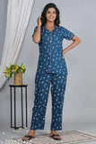 Women's and girls printed cotton night suit set, featuring short-sleeve shirt and pyjama bottoms in multiple colors, available in sizes S-XXL