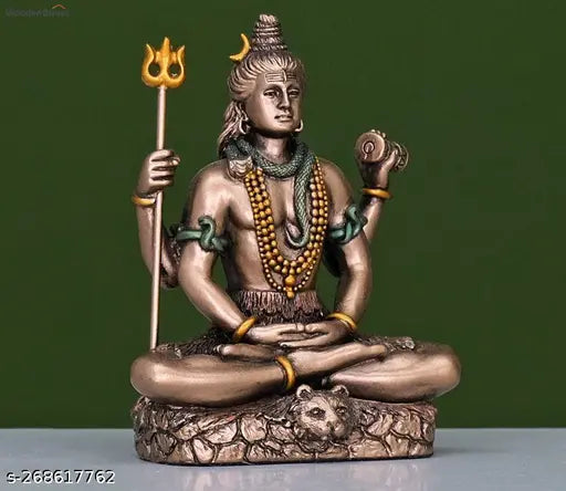Bronze Bholenaath Shiva Idol, intricately detailed with Trishool and Damru - perfect for car dashboard or home temple decor