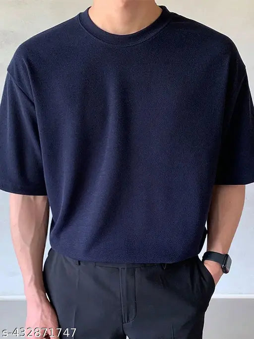 Navy blue cotton blend down shoulder t-shirt for men, solid design, long sleeves