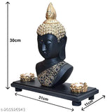 Dark black & golden polyresin Buddha idol (31x11x30 cm), hand-crafted home decor accessory on wooden tray