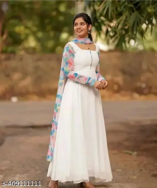 White georgette kurti set, printed combo with dupatta, long sleeves, pastel shades - Indian handcrafted fashion