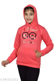 Gajri color, woolen hoodie with unique printed design for girls aged 11-13 years, model on display stand