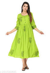 Rayon hand-block printed kurta - lightweight, breathable, daily wear with three-quarter sleeves and home washable. Indian print Anarkali Kurta for women's casual fashion