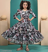 Multicoloured printed maxi dress for girls, comfortable cotton fabric with flare silhouette and round neckline, sizes 4-14 years old, Indian origin