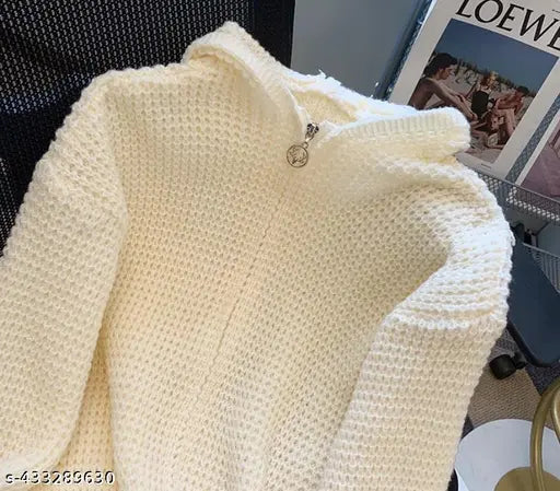 Peach woolen zipper cardigan with hoodie, ideal for winter wear and cozy casual style