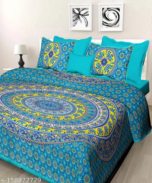 White cotton flat sheets set, includes 4 pillow covers for double bed, summer-ready Jaipuri pattern, made in India