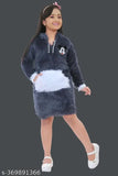 Black wool girls' self-design hooded sweater with long sleeves and solid pattern, ideal winter wear for kids aged 1-9 years