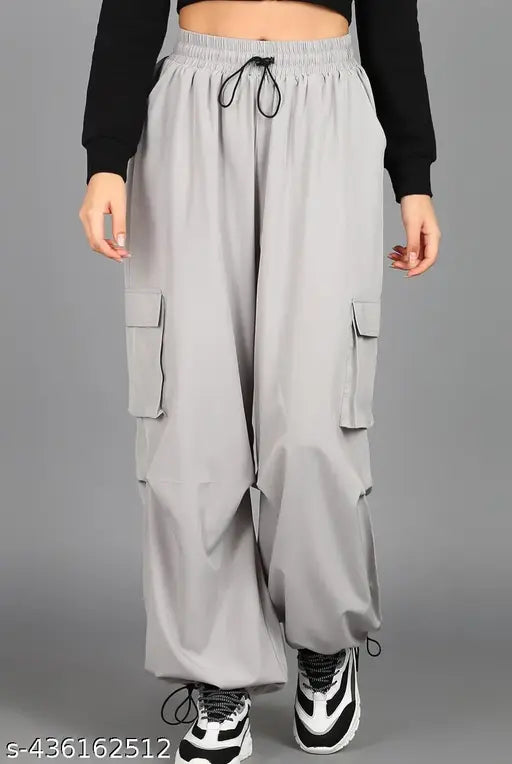 Grey poly blend high-waisted lose cargo trousers for women and girls, practical side pockets and versatile casual wear
