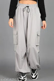 Grey poly blend high-waisted lose cargo trousers for women and girls, practical side pockets and versatile casual wear
