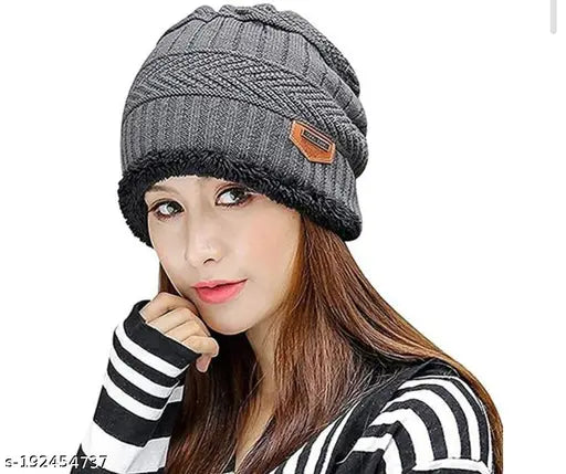 Grey woolen beanie cap, stylish and warm with two-layer design, suitable for both girls and women