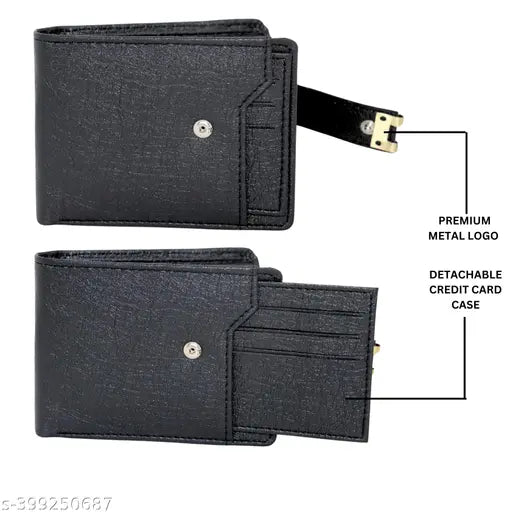 Black textured faux leather RFID wallet, 10 card slots, crafted for modern discerning men, Strong Horns branding, made in India
