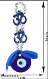 Blue Evil Eye Crystal Vastu Nazar Suraksha wall hanging with two Om silver beads, Feng Shui decor for car/office, promotes good luck and prosperity, handcrafted in India