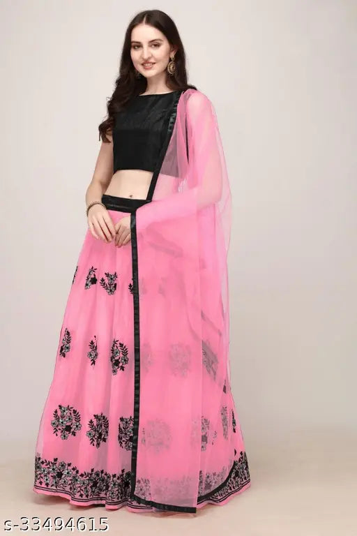 Embroidered Bollywood-style art silk lehenga choli set with net dupatta, semi-stitched (42 waist, 44 length), dry clean only