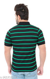 Blue striped breathable polyester polo t-shirt for men, cuffed sleeves & chest pocket design