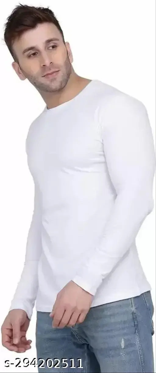 White striped, long sleeve polyester T-shirt for men - S, M, L, XL. Classic round neck style elevating casual wardrobe essentials. Made in India